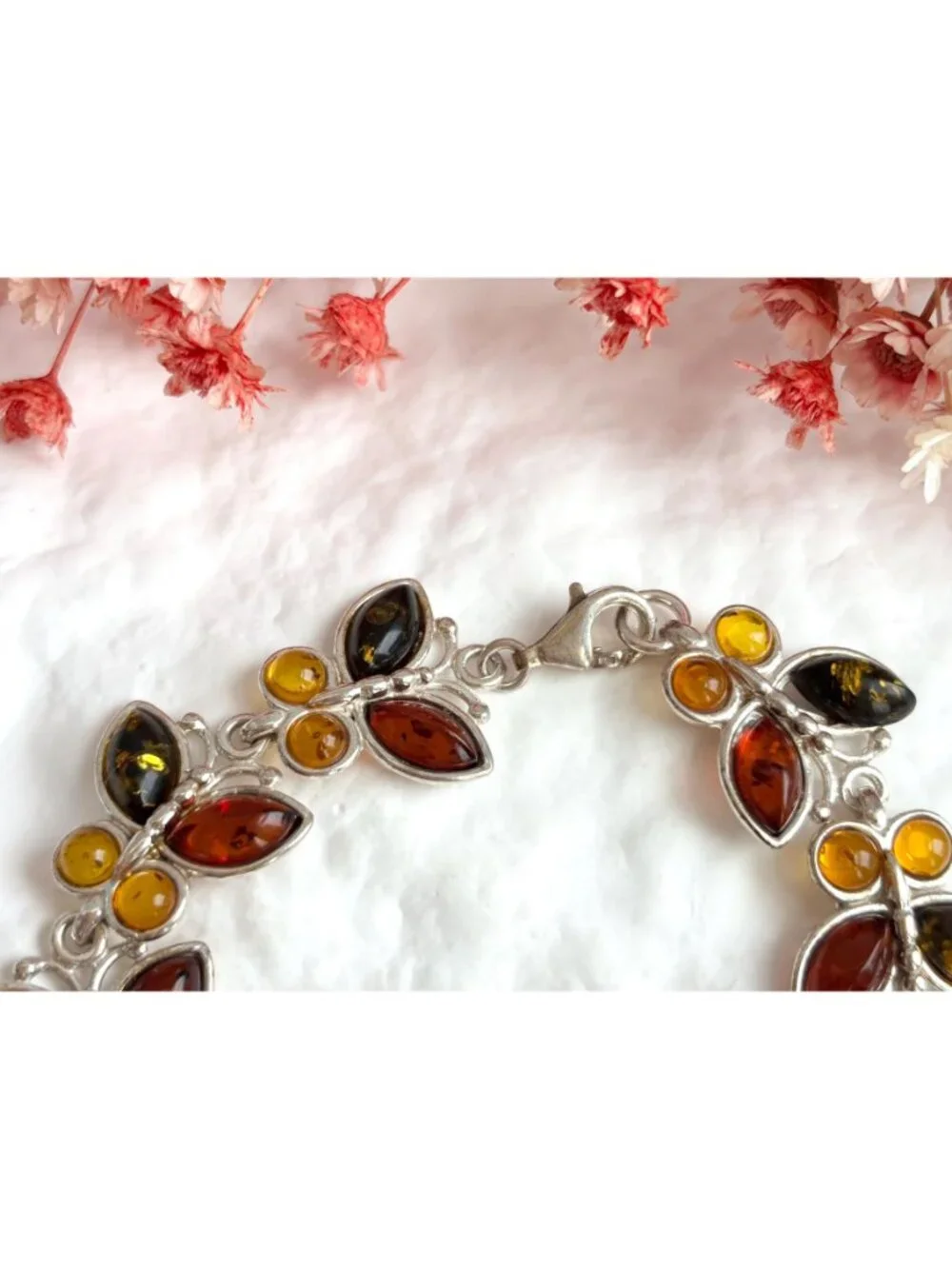 Baltic Amber Butterfly Figural Chainlink Sterling Silver 925 Vintage Bracelet